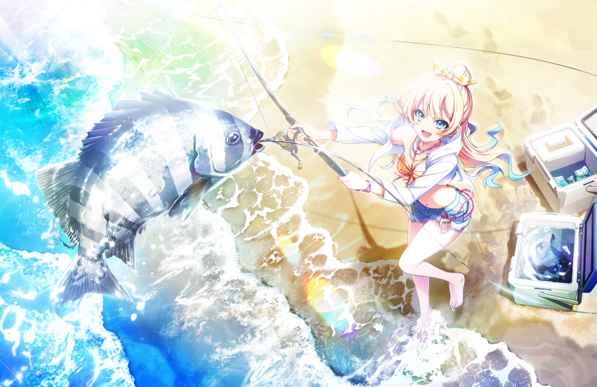 1girl :d bikini bikini_top_only blonde_hair blue_eyes blue_hair blue_shorts bow breasts collarbone cooler denim denim_shorts eyes_visible_through_hair fang fish fishing fishing_rod footprints from_above front-tie_bikini_top front-tie_top game_cg gradient_hair hair_bow hair_bun halterneck highres holding holding_fishing_rod jacket jacket_over_swimsuit leg_up light_blue_hair link!_like!_love_live! long_hair love_live! medium_breasts multicolored_hair navel official_art open_clothes open_jacket open_mouth orange_bikini osawa_rurino osawa_rurino_(swimsuit) shore short_shorts shorts sidelocks single_hair_bun smile solo standing stomach streaked_hair striped_bow swept_bangs swimsuit third-party_source virtual_youtuber waves white_bow white_jacket yellow_bow