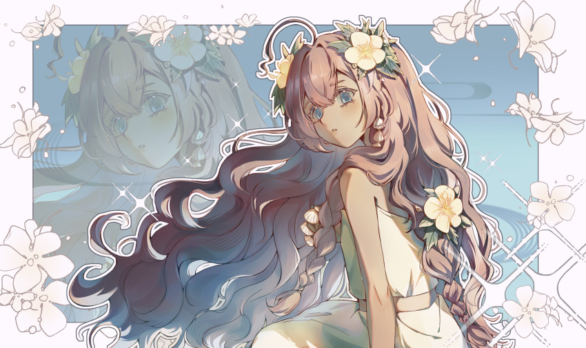 1girl :o ahoge bare_shoulders blue_background blue_eyes border brown_hair dark-skinned_female dark_skin fatutu flower from_side hair_flower hair_ornament hibiscus highres leaf_hair_ornament long_hair looking_to_the_side midriff outside_border reverse:1999 shirt skirt sleeveless sleeveless_shirt sparkle turning_head upper_body very_long_hair wavy_hair white_border white_flower white_shirt white_skirt yi_zui_hua_yue zoom_layer