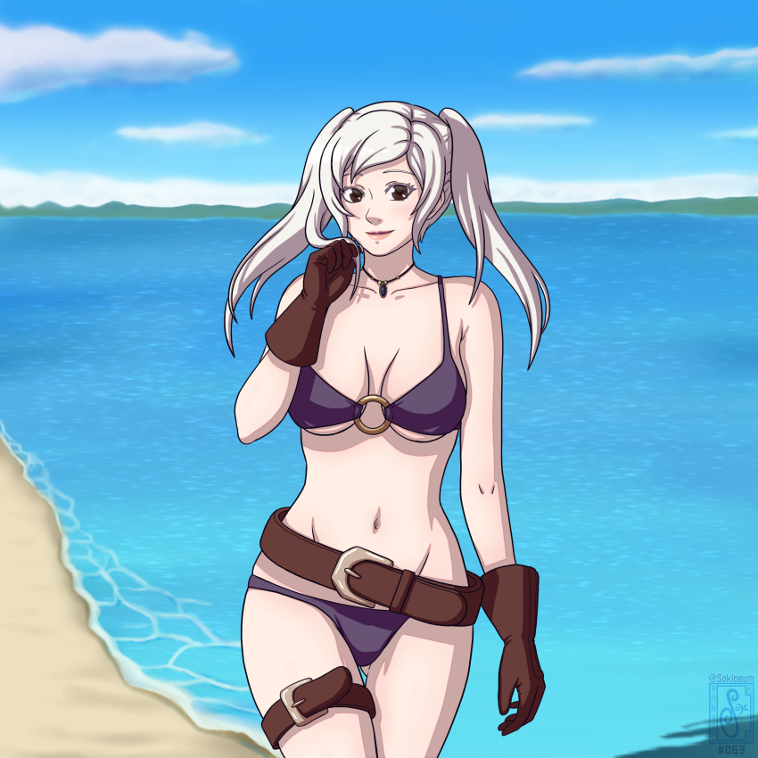 1girl absurdres beach belt big_breasts bikini blue_sky breasts brown_hair cleavage female_robin_(fire_emblem) fire_emblem fire_emblem_awakening fire_emblem_heroes gloves highres nintendo ocean official_alternate_costume female_robin_(seaside_tactician)_(fire_emblem) sky sokloeum swimsuit white_hair