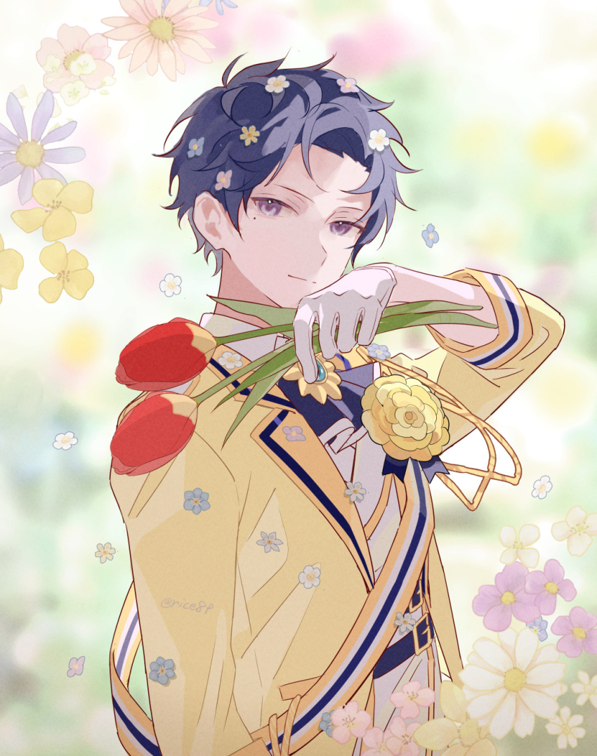 1boy arm_up belt blue_belt blue_hair blue_neckerchief blurry blurry_background brooch ensemble_stars! flower flower_brooch fushimi_yuzuru gloves grey_eyes hair_flower hair_ornament highres holding holding_flower jacket looking_at_viewer male_focus neckerchief pants parted_lips pink_flower purple_flower rice_(rice8p) sash shirt smile solo tulip vest white_flower white_gloves white_pants white_shirt white_vest yellow_flower yellow_jacket yellow_sash