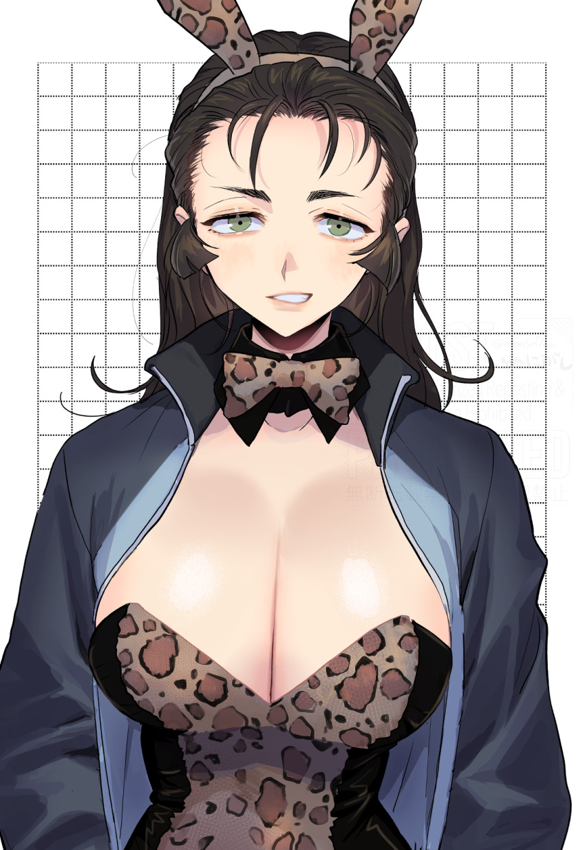 1girl alternate_hairstyle animal_ears animal_print bow bowtie breasts brown_hair cleavage commentary detached_collar girls_und_panzer green_eyes grin highres katsuoboshi keizoku_military_uniform large_breasts leopard_print leotard long_hair playboy_bunny rabbit_ears smile solo teeth yuri_(girls_und_panzer)