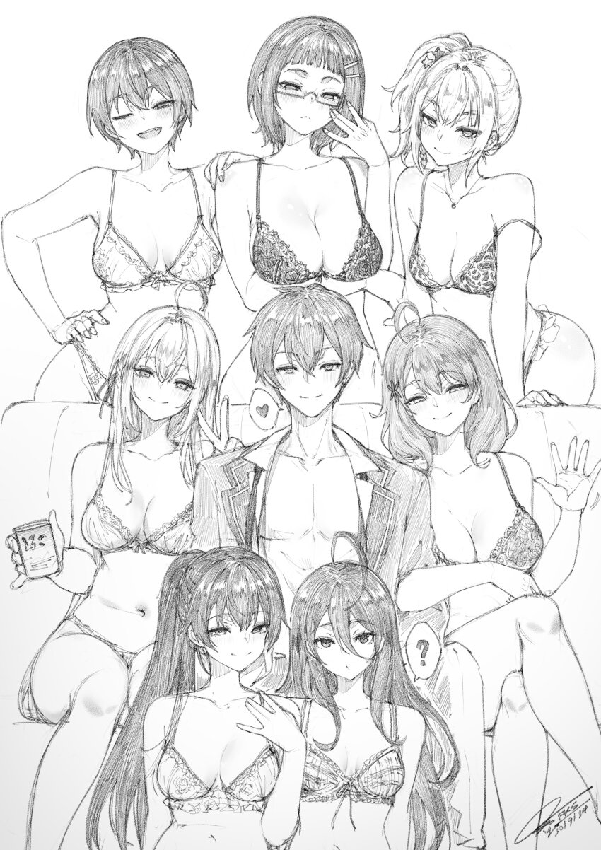 1boy 6+girls ? absurdres ahoge alisa_mikhailovna_kujou arched_bangs arm_hug arm_under_breasts blush bra breasts breasts_apart brother_and_sister cleavage collarbone commentary couch crossed_legs fkscrashing glasses graphite_(medium) greyscale hair_between_eyes hair_ornament hairclip hand_on_another&#039;s_shoulder hand_on_own_chest hand_on_own_hip harem heart highres jacket kimishima_ayano kuze_masachika lace lace_bra mariya_mikhailovna_kujou miyamae_nonoa mole mole_under_eye monochrome multiple_girls navel on_couch one_eye_closed open_clothes open_jacket panties pimp sarashina_chisaki semi-rimless_eyewear siblings side_ponytail signature sisters spoken_heart spoken_question_mark star_(symbol) star_hair_ornament suou_yuki taniyama_sayaka tokidoki_bosotto_roshia-go_de_dereru_tonari_no_alya-san traditional_media underwear underwear_only v wink
