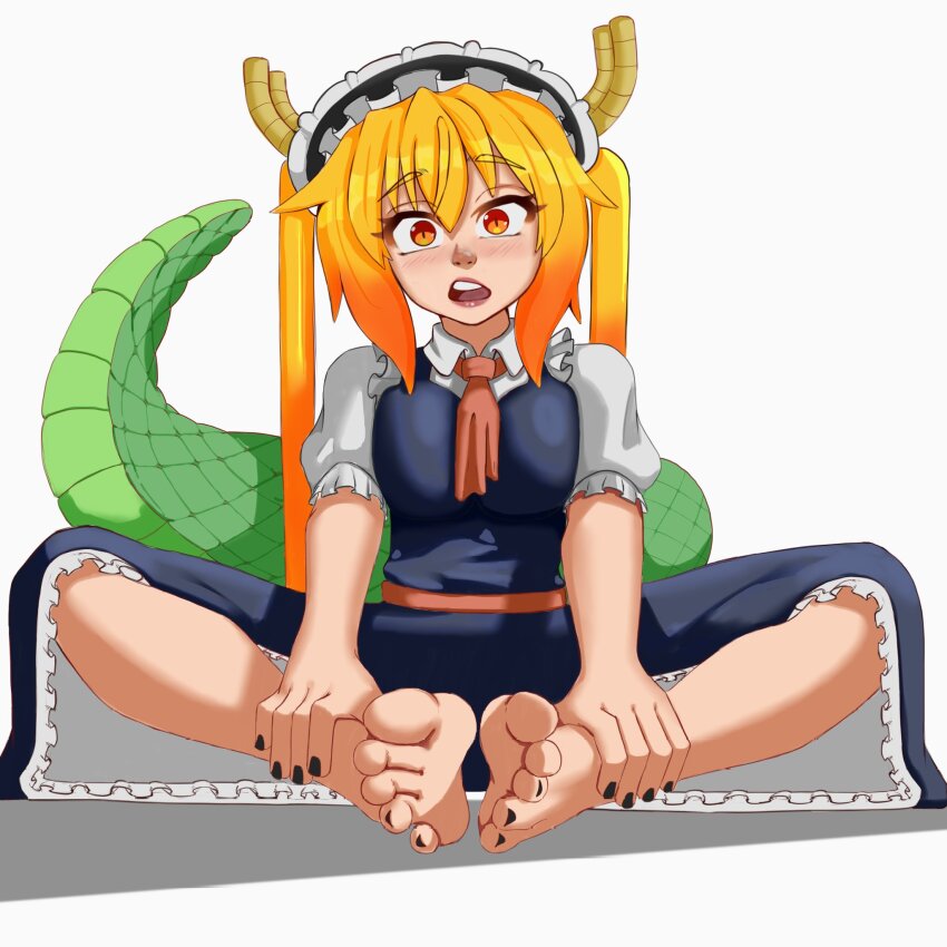 1girl bamivoxy barefoot black_nails blonde_hair breasts confused dragon_girl dragon_horns dragon_tail feet foot_focus highres horns maid maid_headdress medium_breasts tail toes tohru_(maidragon)