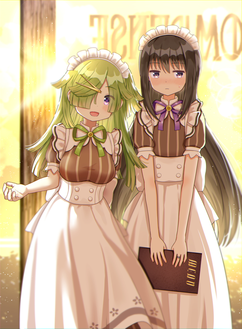2girls akemi_homura aki_mabayu black_hair green_hair highres holding holding_menu kishimen_hair long_hair magia_record:_mahou_shoujo_madoka_magica_gaiden mahou_shoujo_madoka_magica maid_headdress menu multiple_girls purple_eyes recompense_maid_uniform scissors_hair_ornament suzugahama very_long_hair waitress