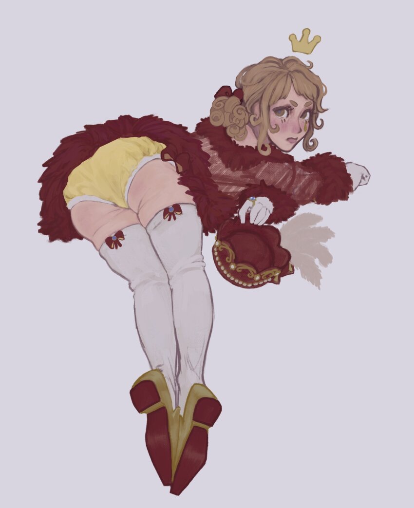 1boy androgynous ass ass_focus bent_over beret bow brown_eyes brown_hair crown dress edgar_valden from_behind gloves hat highres identity_v looking_at_viewer looking_back mini_crown mortueerie panties pantyshot ponytail presenting presenting_ass red_bow red_dress red_ribbon red_skirt ribbon shoes simple_background skirt thighhighs trap underwear wavy_hair white_gloves white_thighhighs yellow_panties yellow_shoes