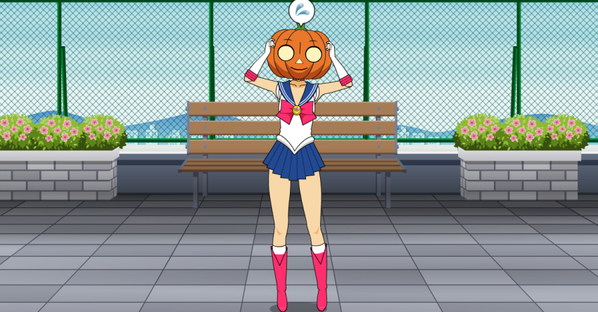 1girl bench bishoujo_senshi_sailor_moon boots flower gloves legs non-web_source object_on_head pink_boots pumpkin sailor_collar sailor_moon skirt speech_bubble struggling stuck