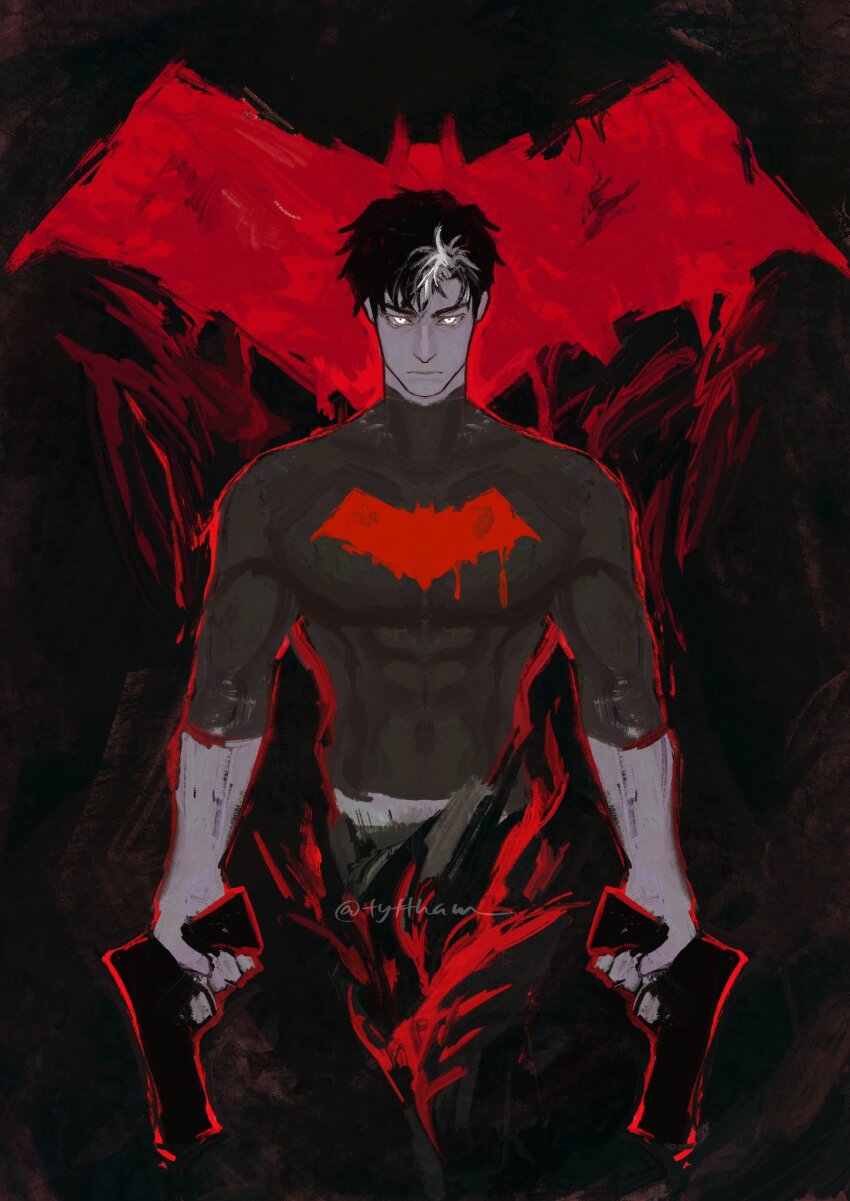 1boy batman_(series) batman_symbol black_bodysuit black_hair blue_eyes bodysuit dc_comics grey_bodysuit gun highres holding holding_gun holding_weapon jason_todd looking_at_viewer male_focus multicolored_hair muscular muscular_male pants pectorals red_hood_(dc) red_hood_and_the_outlaws shirt short_hair solo superhero_costume two-tone_bodysuit two-tone_hair tyt_tham weapon white_hair