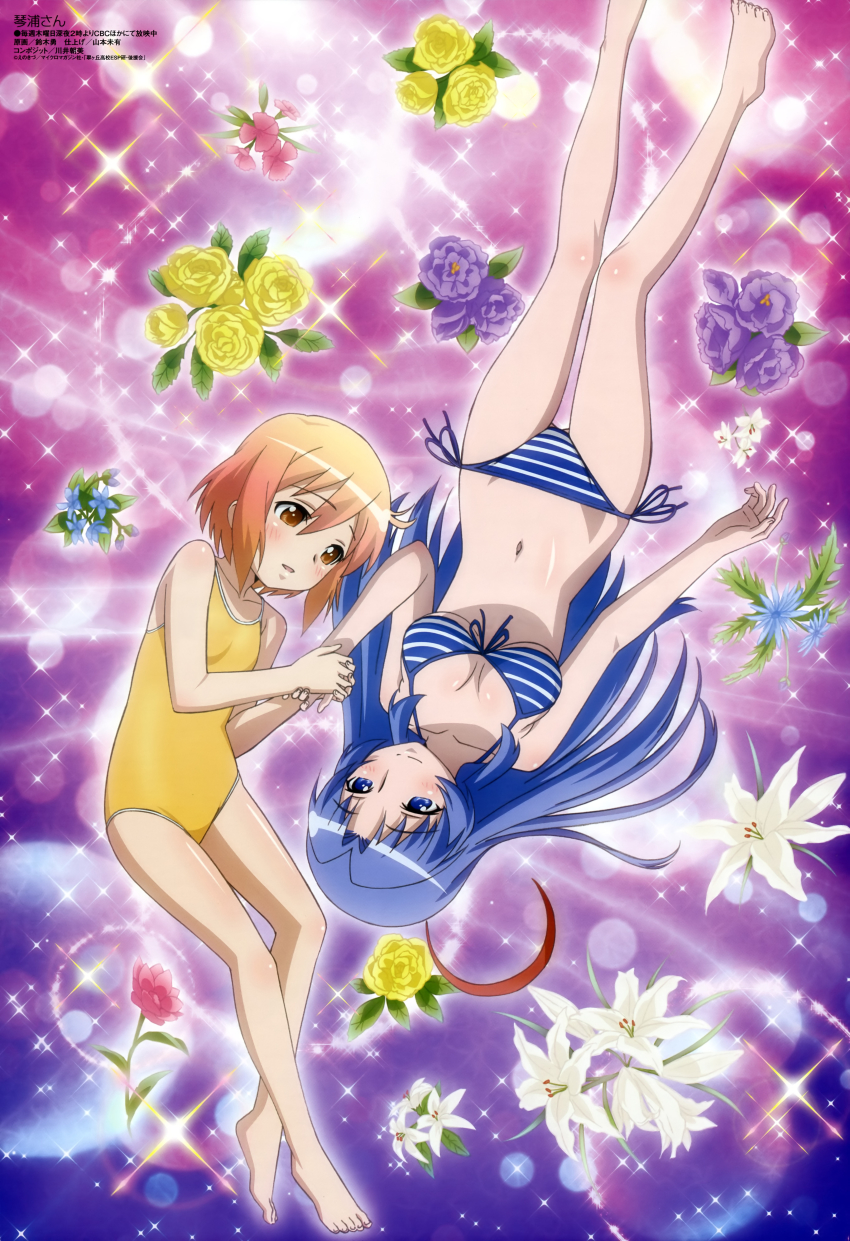 10s 2girls :d absurdres antenna_hair barefoot bikini blonde_hair blue_bikini blue_eyes blue_hair blush body_blush breasts breasts_apart casual_one-piece_swimsuit cleavage crescent eye_contact feet flat_chest flower front-tie_top gradient_hair groin hair_between_eyes highres holding_hands kotoura-san kotoura_haruka leaning_forward legs light_particles light_smile lily_(flower) long_hair looking_at_another lowleg lowleg_bikini lying megami_magazine mifune_yuriko multicolored_hair multiple_girls non-web_source official_art on_back on_side one-piece_swimsuit open_mouth orange_eyes orange_hair parted_bangs red_eyes rose scan short_hair side-tie_bikini_bottom sidelocks smile sparkle string_bikini striped_bikini striped_clothes suzuki_isamu swimsuit toes underboob very_long_hair wide_hips yellow_flower yellow_one-piece_swimsuit yellow_rose yuri