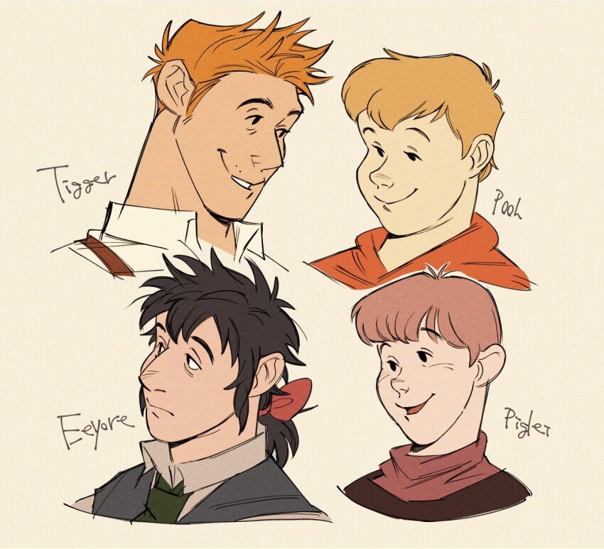 4boys bags_under_eyes black_hair blonde_hair bow brown_hair character_name cropped_shoulders eeyore green_necktie grey_background grey_vest hair_bow humanization male_focus multiple_boys necktie open_mouth orange_hair orange_shirt piglet_(winnie_the_pooh) ponytail pooh purple_shirt red_bow shirt short_hair smile solid_oval_eyes suspenders tigger uochandayo vest white_shirt winnie_the_pooh