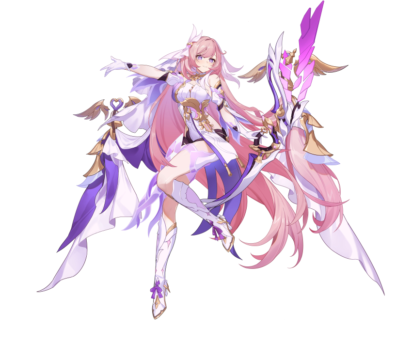 1girl absurdres bare_shoulders black_shorts boots bow_(weapon) breasts chengxiang_dsa commentary_request diamond-shaped_pupils diamond_(shape) elysia_(herrscher_of_human:_ego)_(honkai_impact) elysia_(honkai_impact) full_body gloves hair_ornament high_heel_boots high_heels highres holding holding_bow_(weapon) holding_weapon honkai_(series) honkai_impact_3rd knee_boots large_breasts leotard long_hair looking_at_viewer outstretched_arm parted_lips pink_hair purple_eyes shorts sideless_leotard simple_background smile solo symbol-shaped_pupils thighs veil very_long_hair weapon white_background white_boots white_gloves white_leotard white_veil