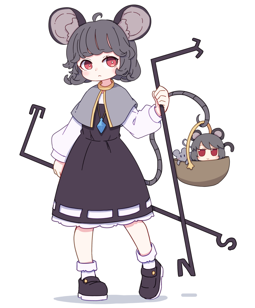 2girls absurdres ahoge animal_ears basket black_dress black_shoes blush bright_pupils capelet closed_mouth commentary dowsing_rod dress dual_persona full_body fumo_(doll) grey_capelet grey_hair highres holding holding_basket jewelry kame_(kamepan44231) long_sleeves mouse_ears mouse_girl mouse_tail multiple_girls nazrin necklace prehensile_tail red_eyes shirt shoes short_hair smile socks standing tail touhou white_background white_pupils white_shirt white_socks