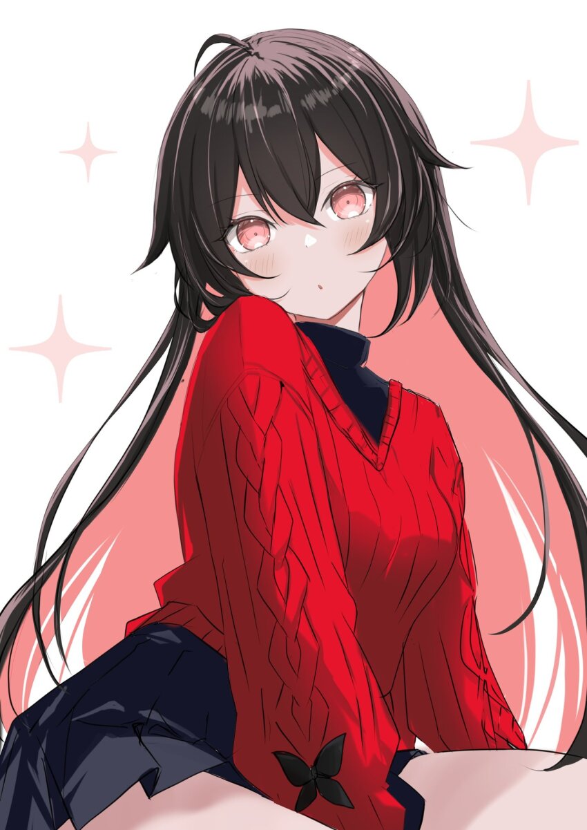 1girl :o black_shirt black_skirt cable_knit colored_inner_hair commentary highres honkai_(series) honkai_impact_3rd knit_sweater long_hair multicolored_hair red_eyes red_hair red_sweater seele_(alter_ego) seele_vollerei shirt shirt_under_sweater sitting skirt solo sweater symbol-only_commentary turtleneck turtleneck_shirt two-tone_hair unifox0123 very_long_hair