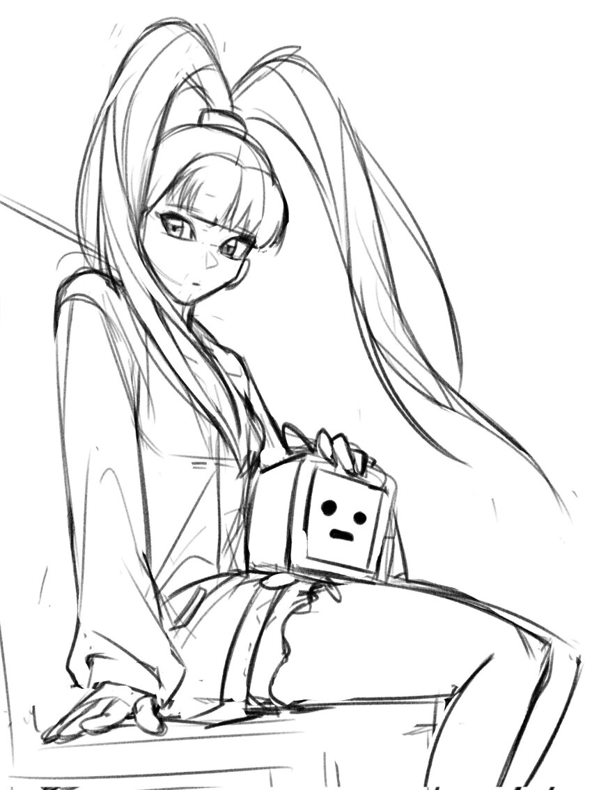 10_09hwan 1girl amano_nene_(digimon_xros_wars) coat digimon digimon_(creature) expressionless highres long_hair monimon sitting sketch skirt split_ponytail