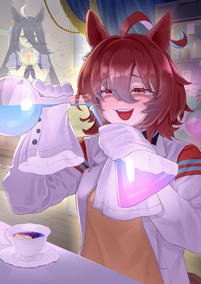 absurdres agnes_tachyon_(tach-nology)_(umamusume) agnes_tachyon_(umamusume) ahoge animal_ears brown_hair chemical_structure earrings hair_between_eyes highres holding holding_test_tube horse_ears horse_girl horse_tail huge_ahoge jewelry lab_coat long_hair long_sleeves manhattan_cafe_(umamusume) medium_hair multiple_girls necktie red_eyes school_uniform shirt short_hair short_necktie single_earring sleeves_past_fingers sleeves_past_wrists smile sweater tail test_tube tracen_school_uniform umamusume umamusume:_beginning_of_a_new_era wolf_cut yamashita_momiyo yellow_sweater