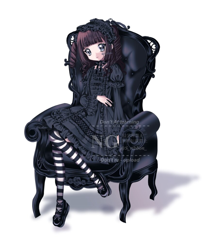 1girl accurate_lolita_coord black_dress black_hairband black_shoes brown_hair chair dress flat_chest frilled_dress frills gothic_lolita hairband highres lolita_fashion lolita_hairband long_sleeves mary_janes original ringlets shoes sitting smile solo striped_clothes striped_thighhighs thighhighs twintails watermark white_background yuni_(s_ribbon)