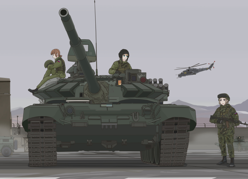 2661789381 3girls absurdres aircraft assault_rifle attack_helicopter cannon caterpillar_tracks chinese_commentary gun helicopter helmet highres holding holding_gun holding_weapon kalashnikov_rifle mi-24 military_base military_combat_uniform military_uniform military_vehicle motor_vehicle multiple_girls original radio_antenna reactive_armor rifle russian_ground_forces t-80 tank tank_helmet tank_turret vehicle_focus weapon