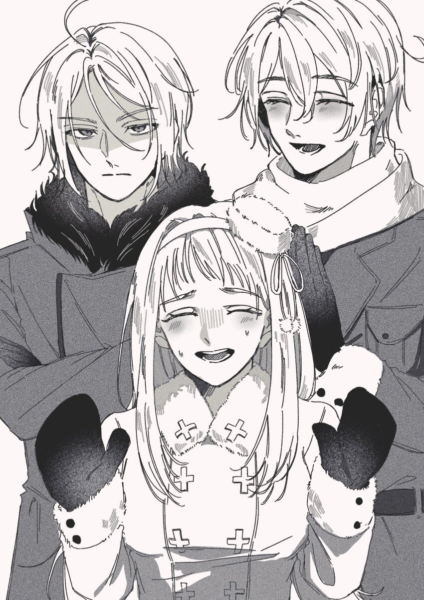 1girl 2boys axis_powers_hetalia belarus_(hetalia) belarus_(male)_(hetalia) belt blush breast_pocket breasts brother_and_sister brothers closed_eyes closed_mouth coat collared_coat cowboy_shot crossed_arms fur-trimmed_sleeves fur_trim genderswap genderswap_(ftm) genderswap_(mtf) gloves greyscale hair_between_eyes hairband hands_up highres lapels long_hair long_sleeves looking_at_viewer medium_breasts monochrome multiple_boys nervous nervous_smile nervous_sweating open_mouth pocket pom_pom_(clothes) russia_(female)_(hetalia) russia_(hetalia) scarf short_hair siblings sidelocks simple_background smile solell10 standing sweat teeth ukraine_(hetalia) upper_body v-shaped_eyebrows