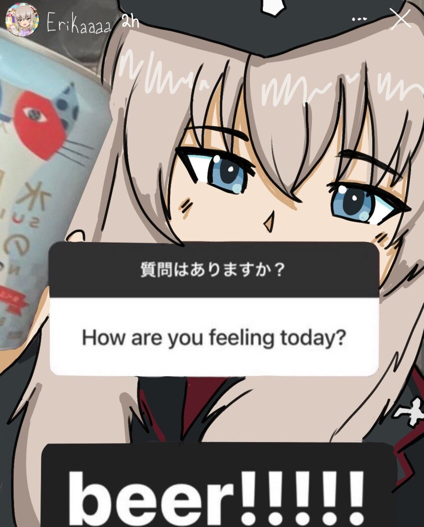 1girl alcohol beer beer!!!!_(meme) beer_can black_hat black_jacket blue_eyes can cross drink_can fake_screenshot garrison_cap girls_und_panzer grey_hair hat highres holding instagram_story instagram_username iron_cross itsumi_erika jacket kuromorimine_military_uniform long_hair long_sleeves looking_at_viewer meme military military_hat military_jacket military_uniform red_shirt shirt sillynerpa smile solo