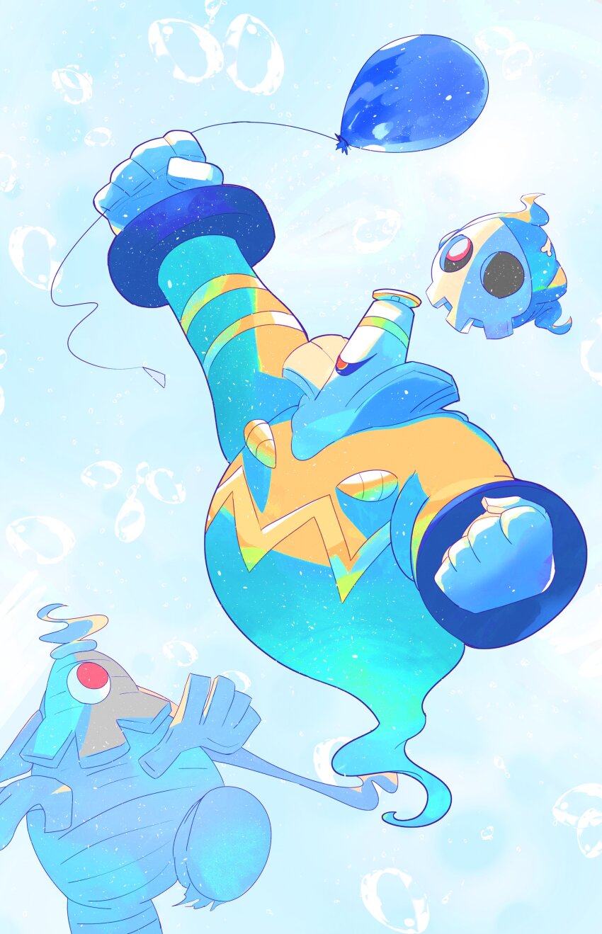 absurdres aqua_background balloon dusclops dusknoir duskull evolutionary_line gen_3_pokemon gen_4_pokemon gradient_background highres looking_up nintendo no_humans one-eyed pokemon pokemon_(creature) simple_background zeroartwo