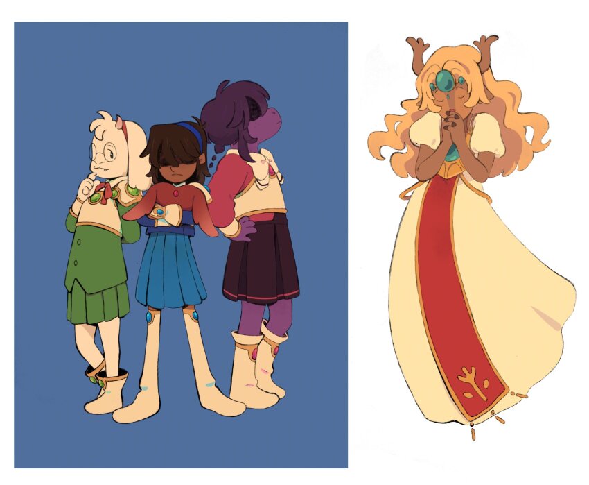 1boy 2girls 2others antlers blonde_hair brown_hair colored_skin commentary cosplay crossdressing deer_girl deltarune emeraude_(rayearth) emeraude_(rayearth)_(cosplay) english_commentary goat_boy hair_over_eyes highres horns hououji_fuu hououji_fuu_(cosplay) kris_(deltarune) magic_knight_rayearth mokona mokona_(cosplay) multiple_girls multiple_others noelle_holiday onsukun pleated_skirt praying purple_hair purple_skin ralsei reptile_girl ryuuzaki_umi ryuuzaki_umi_(cosplay) shidou_hikaru shidou_hikaru_(cosplay) skirt soul_(deltarune) standing susie_(deltarune) trap white_fur