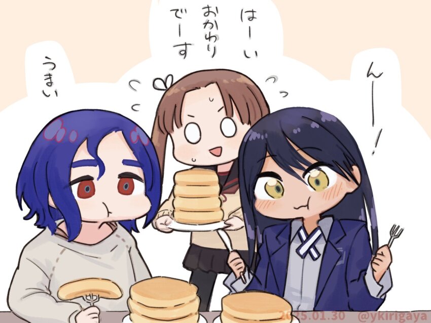 1boy 2girls :t ayanami_(kancolle) ayanami_kai_ni_(kancolle) black_hair black_pantyhose black_skirt blue_hair blue_jacket blush brown_hair chibi commentary_request crossover dated eating flying_sweatdrops food gundam gundam_gquuuuuux holding holding_plate jacket kantai_collection kirigaya_yuuji long_hair long_sleeves multiple_girls nyaan_(gundam_gquuuuuux) open_mouth pancake pancake_stack pantyhose plate pleated_skirt red_eyes shuji_ito simple_background skirt sweat table translation_request yellow_eyes