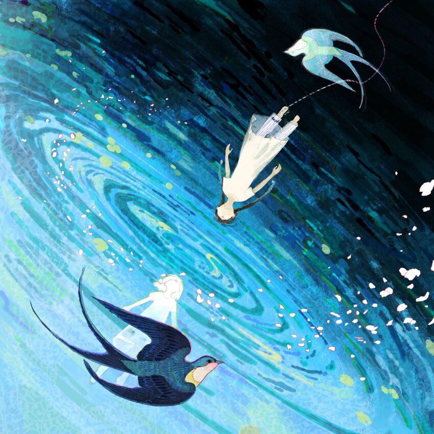 1girl bird black_bird black_hair flying highres long_hair original petals reflection reflective_water solo swallow_bun_(the_tale_of_food) twintails white_bird yin_0909