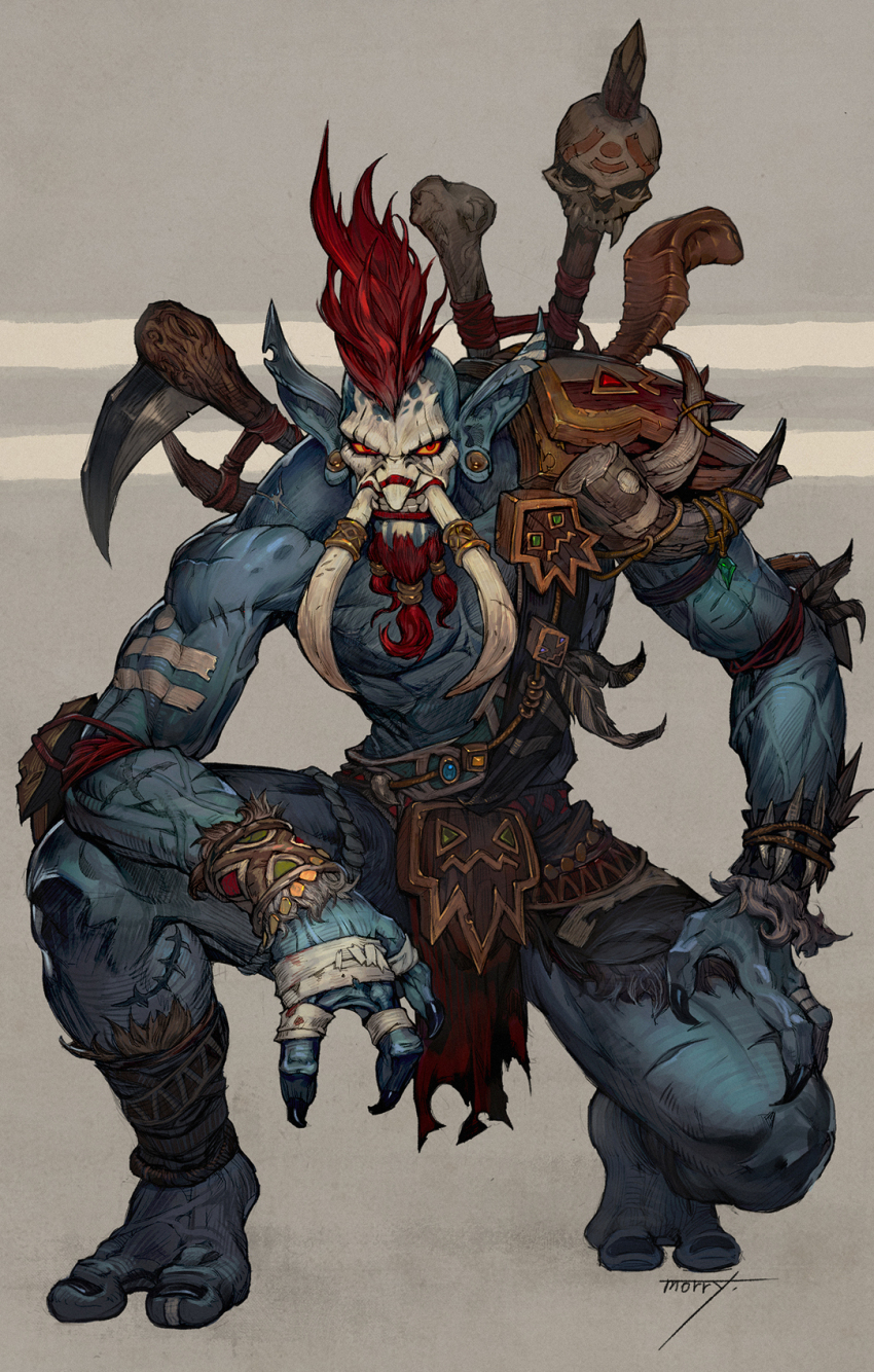 1boy armor artist_name bandages black_claws blue_skin claws clenched_teeth colored_skin facial_hair fang full_body glaring goatee grey_background highres looking_at_viewer mohican monster morry muscular pointy_ears red_hair scar shoulder_armor skull teeth tribal troll_(warcraft) vol&#039;jin warcraft weapon world_of_warcraft