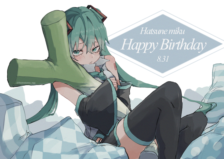 1girl absurdly_long_hair anniversary aqua_eyes aqua_hair aqua_neckwear artist_name artist_request bare_shoulders black_legwear black_skirt blue_eyes blue_hair blue_neckwear collared_shirt female_focus hamutama_egg hatsune_miku highres holding_food holding_spring_onion holding_vegetable ievan_polkka_(vocaloid) long_hair number_tattoo pillow polka_dot_pillow shirt short_sleeves shoulder_tattoo skirt solo spring_onion striped_pillow tattoo twintails vegetable very_long_hair vocaloid white_shirt