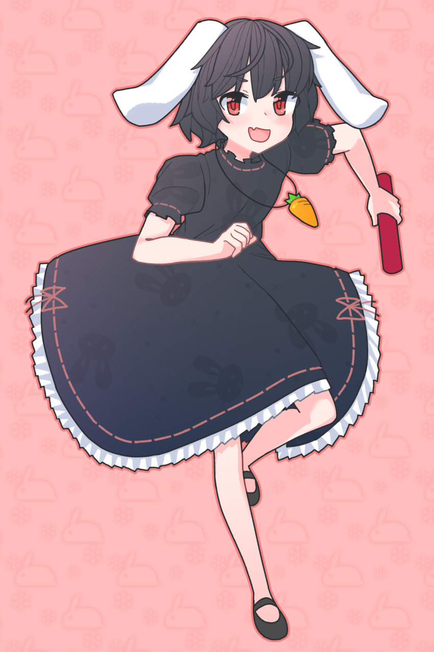 1girl :d alternate_color animal_ears animal_print black_dress black_hair black_shoes blush carrot_necklace commentary_request dress fang flat_chest floppy_ears frilled_dress frills full_body highres holding inaba_tewi jewelry looking_at_viewer mary_janes necklace open_mouth print_dress rabbit_ears rabbit_girl rabbit_print red_eyes relay_baton ribbon-trimmed_dress ribbon_trim shoes short_hair skin_fang smile solo touhou wrevhy