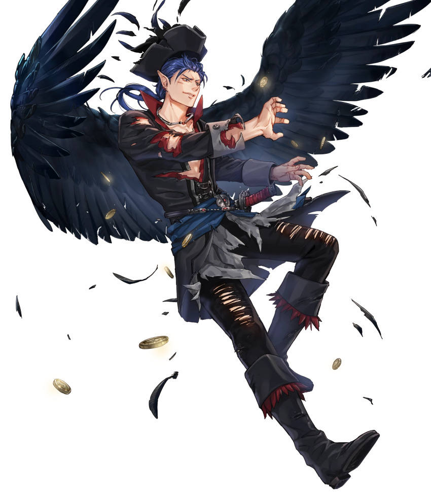 1boy black_wings blue_eyes blue_hair boots coin earrings feathers fire_emblem fire_emblem:_radiant_dawn fire_emblem_heroes full_body hat highres jewelry kuroba.k laguz_(fire_emblem) long_hair low_neckline male_focus naesala_(fire_emblem) naesala_(pirate)_(fire_emblem) naesala_(sea&#039;s_shadow)_(fire_emblem) nintendo non-web_source official_art pants pirate_hat pointy_ears ponytail sash solo torn_clothes torn_pants transparent_background waist_sash wings