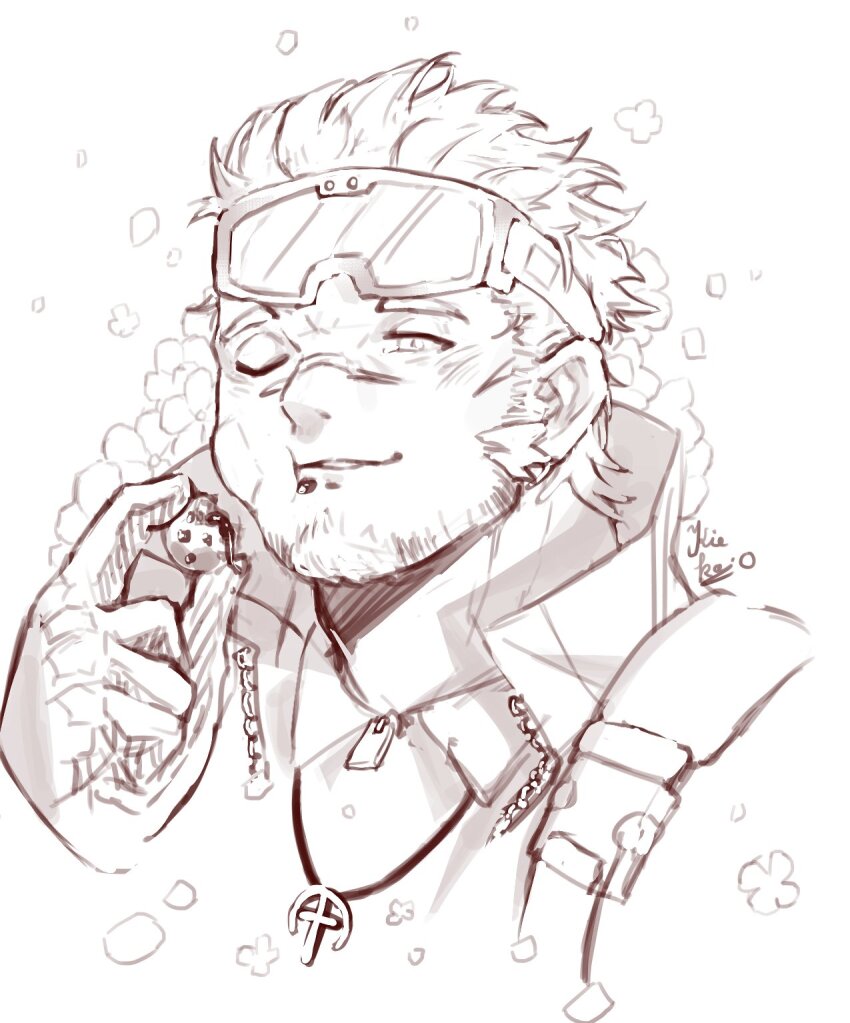 1boy blush chocolate cross cross_necklace flower happy highres jacob_(housamo) jewelry kiekoio looking_at_viewer male_focus mouthful necklace one_eye_closed sketch smile snow_goggles tokyo_houkago_summoners white_background