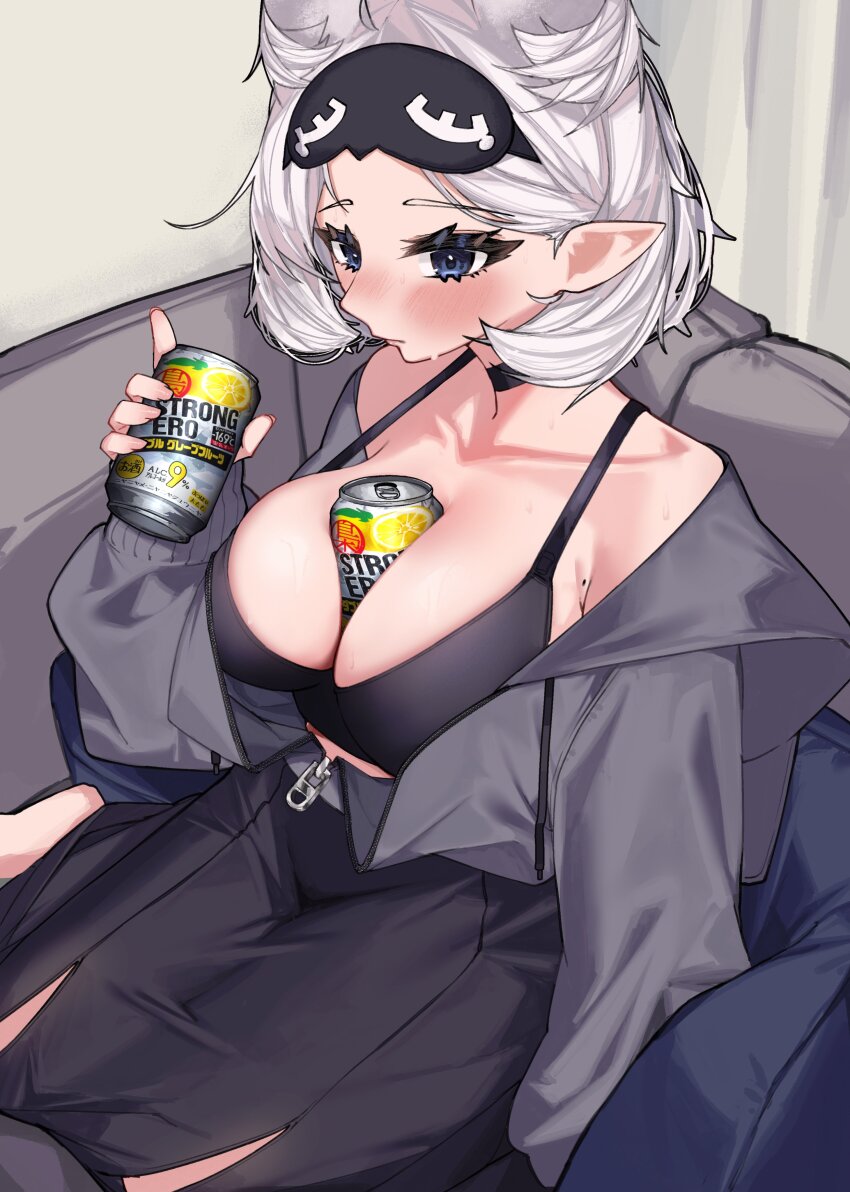 1girl absurdres auraaa beer_can between_breasts black_bra black_choker black_skirt blue_eyes blush bra breasts can can_between_breasts choker closed_mouth collarbone drink_can highres holding holding_can long_sleeves lorel_(auraaa) mask mask_on_head mole mole_on_armpit original pointy_ears short_hair sitting skirt sleep_mask solo sweat underwear white_hair zipper_pull_tab