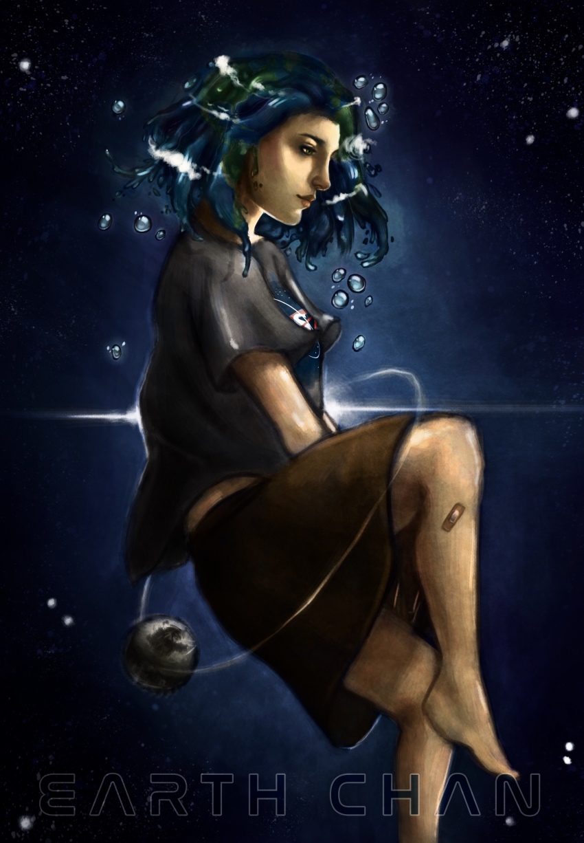1girl absurdres bandages barefoot character_name earth-chan female_focus highres logo nasa nasa_logo planet short_hair snow54 solo