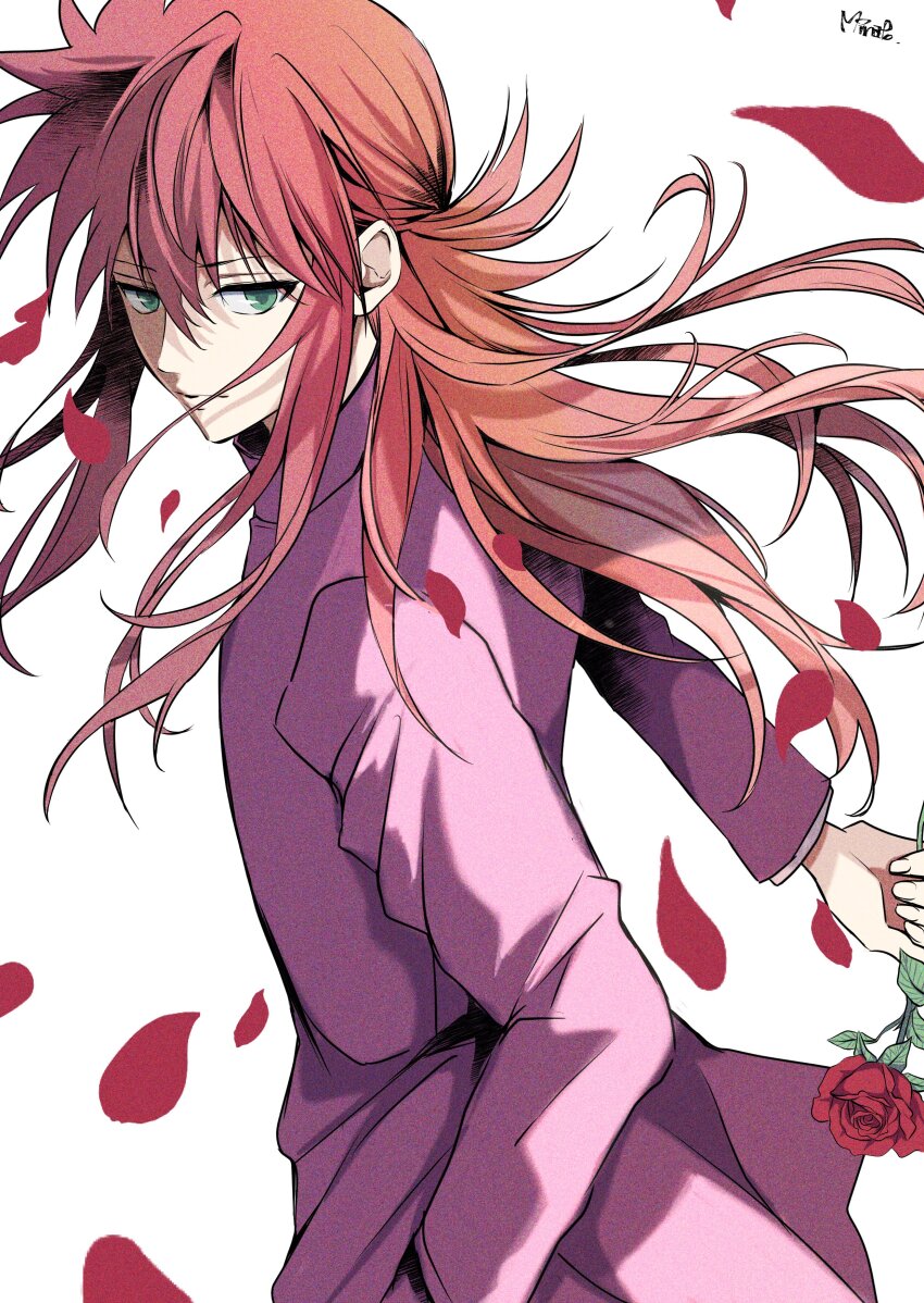 1boy absurdres closed_mouth flower green_eyes hair_between_eyes hand_in_pocket highres holding holding_flower kurama_(yu_yu_hakusho) long_hair long_sleeves looking_at_viewer male_focus minato_x3710 petals red_flower red_hair red_rose rose rose_petals school_uniform sidelocks solo white_background yuu_yuu_hakusho