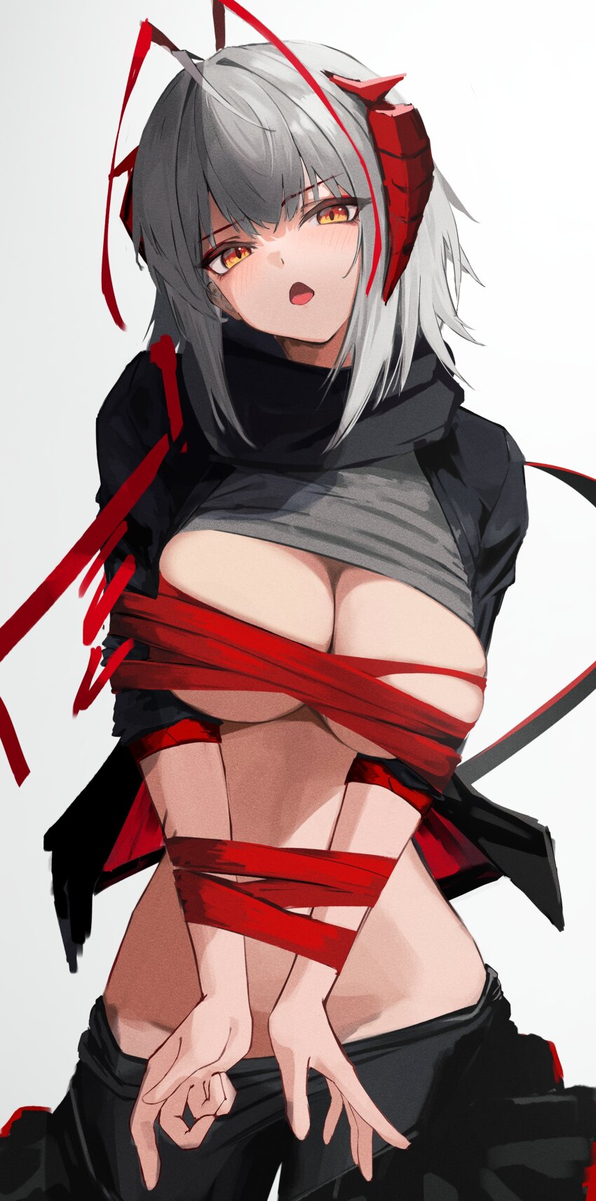 1girl absurdres ahoge antennae arknights black_jacket black_pants bound bound_wrists breasts cleavage clothes_lift clothes_pull commentary_request demon_girl demon_horns demon_tail grey_hair grey_shirt highres horns jacket large_breasts looking_at_viewer nekomatamago open_clothes open_jacket open_mouth orange_eyes pants pants_pull red_horns red_ribbon restrained ribbon ribbon_bondage shirt shirt_lift short_hair simple_background solo tail upper_body w_(arknights) white_background