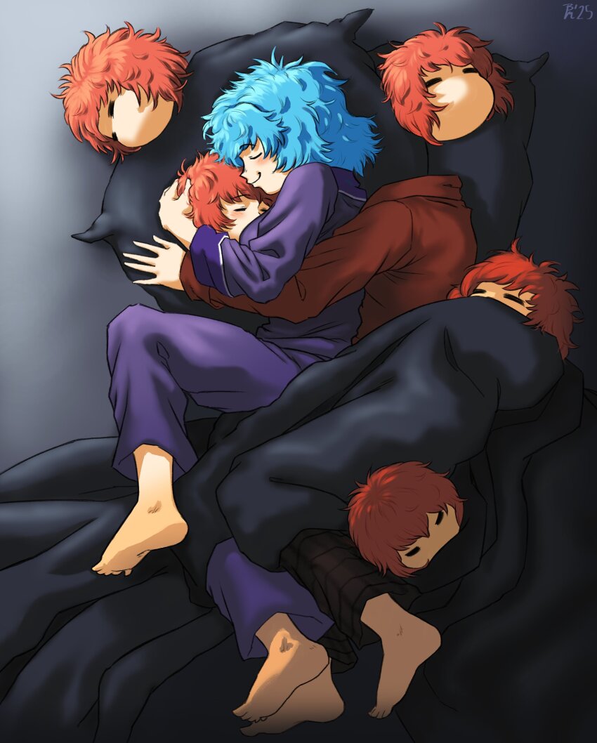 2girls absurdres barefoot blue_hair bread_master closed_eyes commentary disembodied_head english_commentary feet headless highres hug messy_hair multiple_girls multiple_heads pillow red_hair sekibanki short_hair smile soles spooning tatara_kogasa toes touhou under_covers yuri
