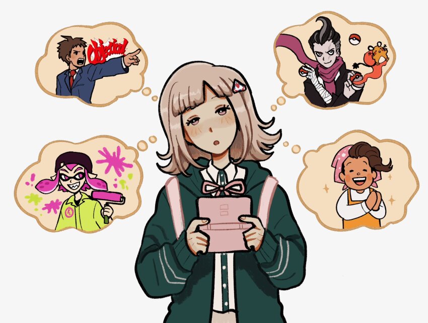 1girl 4boys :o ace_attorney bandaged_arm bandages blush brown_hair commentary cooking_mama cosplay creatures_(company) danganronpa_(series) danganronpa_2:_goodbye_despair dedenne dress_shirt drill_hair english_commentary game_freak gen_6_pokemon green_jacket green_shirt hair_ornament hairband hanamura_teruteru handheld_game_console highres hinata_hajime holding holding_handheld_game_console jacket koga_(pokemon) koga_(pokemon)_(cosplay) mama_(cooking_mama) mama_(cooking_mama)_(cosplay) meg_ikarp multiple_boys nanami_chiaki neck_ribbon nintendo objection open_clothes open_jacket phoenix_wright phoenix_wright_(cosplay) pink_eyes pink_hairband poke_ball poke_ball_(basic) pokemon pokemon_(creature) ribbon shirt soda_kazuichi speech_bubble splatoon_(series) tanaka_gundham thought_bubble triangle_hair_ornament two-tone_shirt upper_body white_shirt