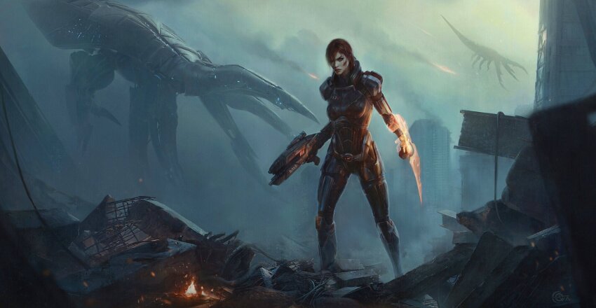 1girl arm_blade assault_rifle blood blood_on_face city commander_shepard commander_shepard_(female) cuts energy_blade eva_kosmos fire gun highres injury mass_effect_(series) mass_effect_3 mecha medium_hair omni-blade reaper_(mass_effect) red_hair rifle robot rubble science_fiction smoke solo v-shaped_eyebrows weapon