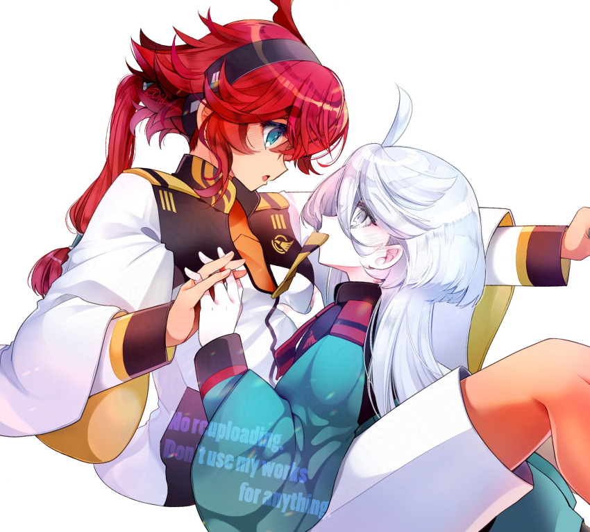 2girls asticassia_school_uniform between_legs black_hairband blue_eyes blush commentary_request english_text eye_contact green_jacket grey_eyes gundam gundam_suisei_no_majo hairband highres holding_hands interlocked_fingers izumiya_otoha jacket long_hair long_sleeves looking_at_another miorine_rembran mouth_hold multiple_girls necktie necktie_in_mouth open_mouth red_hair school_uniform shorts simple_background suletta_mercury thick_eyebrows watermark white_background white_hair white_jacket white_shorts yuri