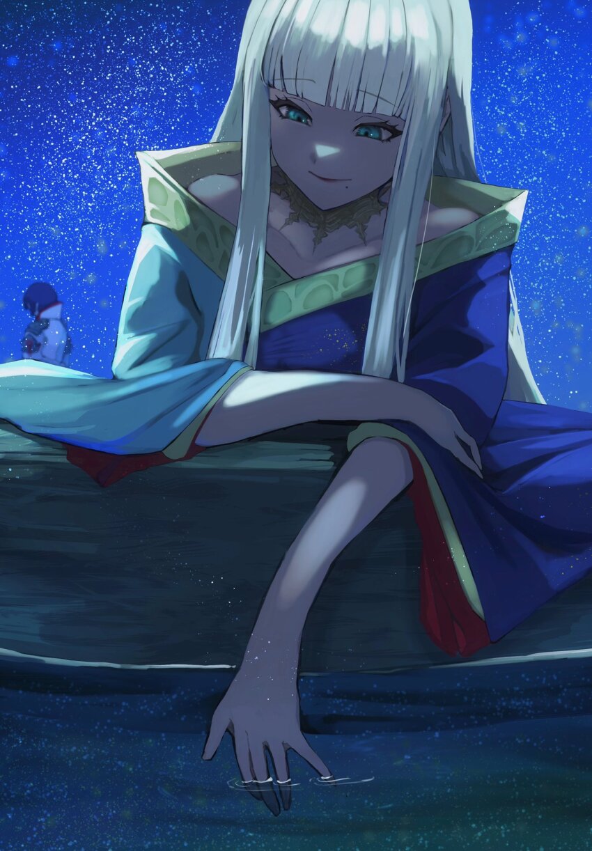 1boy 1girl aqua_eyes arm_rest asahi_sas_brutus bad_id bad_twitter_id blue_kimono blunt_bangs collarbone final_fantasy final_fantasy_xiv glaa_da gold_trim highres hyur japanese_clothes kimono lace_collar long_hair mole mole_under_mouth sky smile solo_focus star_(sky) starry_sky straight_hair two-tone_kimono upper_body water white_hair white_kimono wide_sleeves yellow_collar yotsuyu_goe_brutus