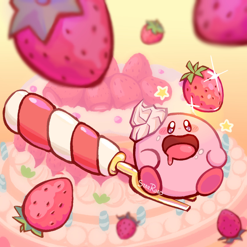 blush_stickers cake colored_skin drooling food food_on_face fork fruit highres kirby kirby&#039;s_dream_buffet kirby_(series) looking_up nintendo no_humans open_mouth pink_skin signature solid_oval_eyes sparkle star_(symbol) starroad strawberry yellow_background