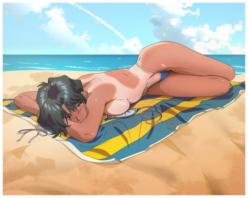 1girl absurdres beach bikini black_hair blue_eyeshadow breasts brown_eyes commentary dark-skinned_female dark_skin english_commentary eyeshadow fritz_willie full_body golden_boy hayami_ayuko highres looking_at_viewer makeup medium_breasts navel retro_artstyle short_hair solo string_bikini swimsuit tanning topless_female towel