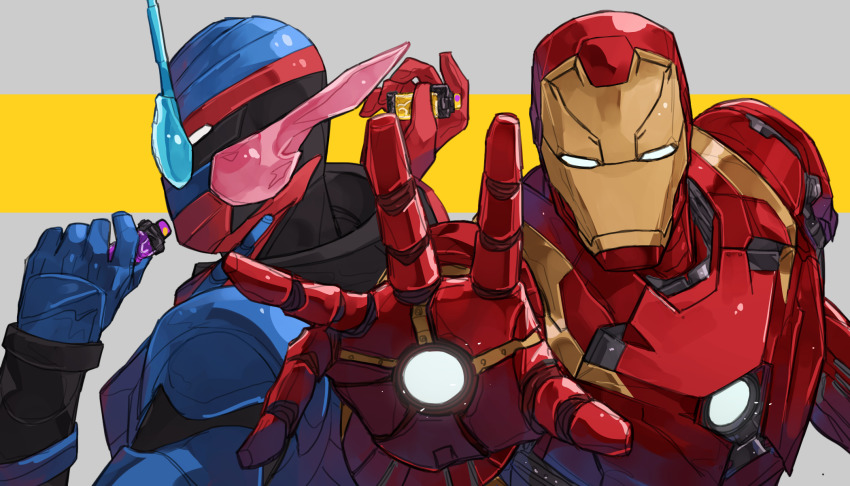 2boys arc_reactor armor bbbb_fex blue_armor blue_eyes crossover fullbottle heterochromia highres iron_man iron_man_(2008) iron_man_(series) kamen_rider kamen_rider_build kamen_rider_build_(series) marvel marvel_cinematic_universe multiple_boys power_armor rabbit+tank_form red_armor red_eyes trait_connection white_eyes