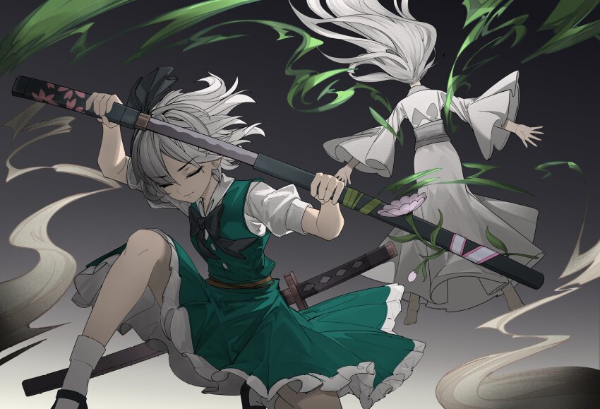 1girl 1other black_bow black_bowtie bow bowtie chinese_commentary closed_eyes closed_mouth collared_shirt commentary_request devilkillerx green_skirt green_vest hairband highres holding holding_sheath holding_sword holding_weapon konpaku_youmu mixed-language_commentary multiple_swords puffy_short_sleeves puffy_sleeves sheath sheathed sheathing shirt shoes short_sleeves skirt skirt_set socks sword touhou vest weapon white_hair white_shirt white_socks