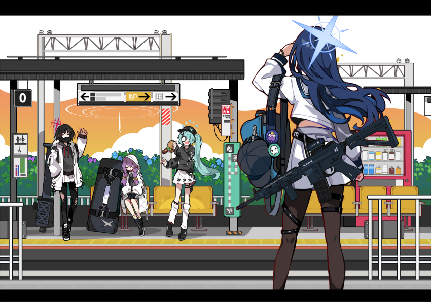 4girls arius_squad_(blue_archive) assault_rifle atsuko_(blue_archive) black_footwear black_hair black_headwear black_hoodie black_mask black_pantyhose blue_archive blue_hair blue_halo braid burger closed_eyes closed_mouth fim-92_stinger food green_hair green_halo gun halo hat highres hiyori_(blue_archive) holding holding_burger holding_food hood hood_down hood_up hooded_jacket hoodie ideolo jacket long_hair long_sleeves loose_socks mask misaki_(blue_archive) mouth_mask multiple_girls open_mouth pantyhose pleated_skirt purple_hair red_halo rifle rocket_launcher saori_(blue_archive) shoes short_hair side_ponytail sig_516 sig_sauer skirt socks surgical_mask train_station twin_braids vending_machine weapon white_jacket white_skirt white_socks
