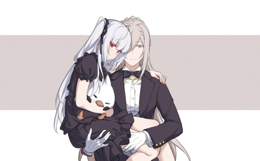 1boy 1girl 2girls bird black_bow black_dress black_jacket blunt_bangs bow bowtie braid butler cartonbox_(zhixiang_zhi) chick closed_mouth collared_shirt crossed_legs dress essex_(warship_girls_r) feet_out_of_frame formal_clothes frills gloves grey_hair hair_over_one_eye hair_ribbon hancock_(warship_girls_r) holding jacket long_hair long_sleeves looking_at_viewer multiple_girls official_alternate_costume on_lap open_clothes open_jacket puffy_short_sleeves puffy_sleeves red_eyes ribbon shirt short_sleeves sidelocks simple_background sitting sitting_on_lap sitting_on_person smile stuffed_animal stuffed_toy suit twintails two_side_up warship_girls_r white_background white_gloves white_shirt yellow_eyes