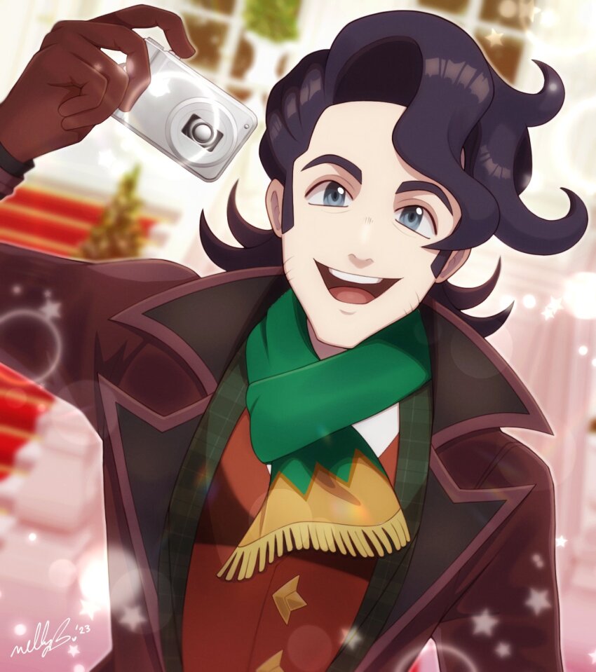 black_hair blurry blurry_background brown_gloves camera gloves green_scarf grey_eyes highres holding holding_camera looking_at_viewer male_focus nellcher nintendo official_alternate_costume pokemon pokemon_masters_ex professor_sycamore professor_sycamore_(holiday_2023) scarf signature smile solo star_(symbol) upper_body