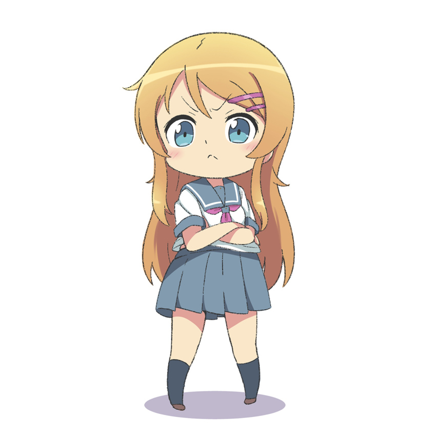 &gt;:( 1girl black_socks brown_shoes chibi chibi_only closed_mouth crossed_arms full_body grey_sailor_collar grey_skirt hair_ornament hairclip highres kousaka_kirino kousaka_kirino&#039;s_school_uniform light_blush long_hair looking_at_viewer midriff_peek neckerchief orange_hair ore_no_imouto_ga_konna_ni_kawaii_wake_ga_nai pleated_skirt purple_neckerchief sailor_collar scarletsky school_uniform shirt shoes simple_background skirt socks solo standing v-shaped_eyebrows white_background white_shirt