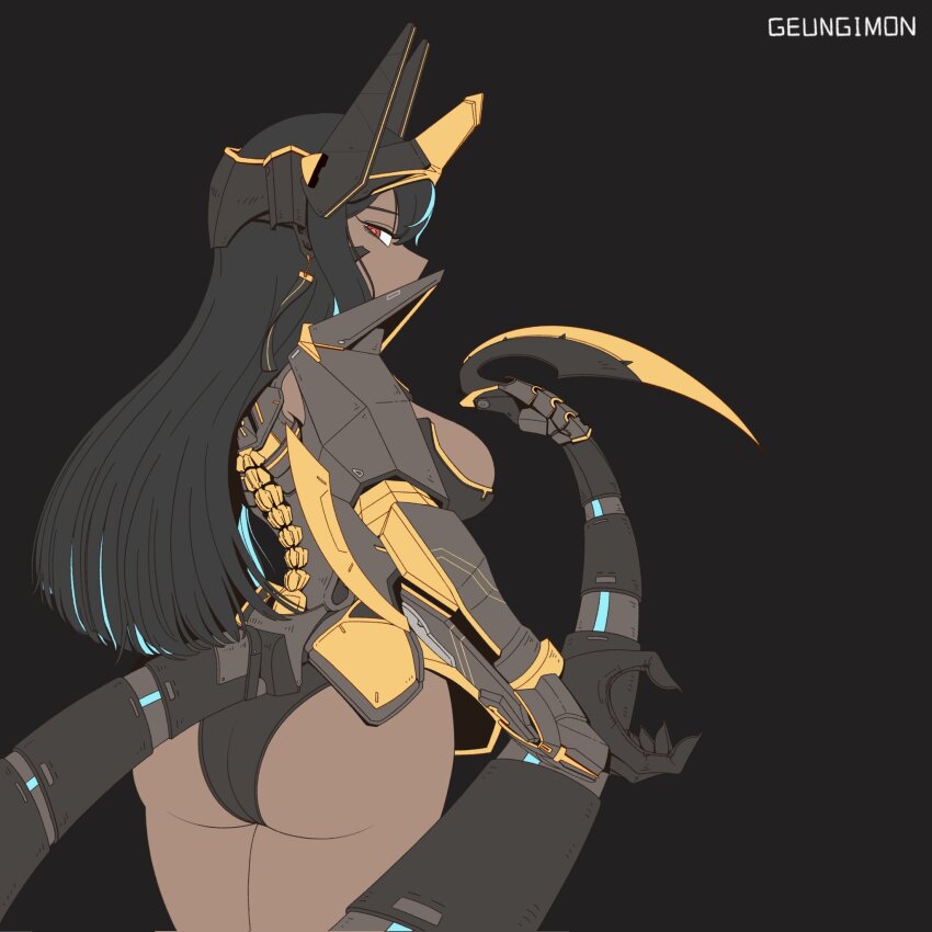 1girl arm_armor armored_gloves armored_leotard artist_name ass black_hair blue_hair breasts colored_inner_hair dark-skinned_female dark_skin from_behind geungimon goddess_of_victory:_nikke headgear highres indivilia_(nikke) large_breasts leotard long_hair looking_at_viewer mechanical_tail multicolored_hair red_eyes solo tail
