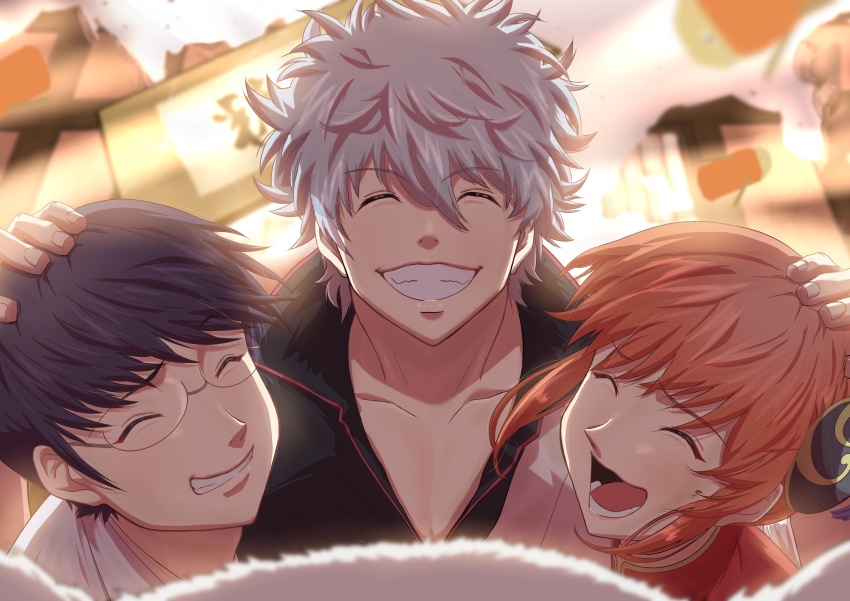 1girl 2boys absurdres black_hair black_shirt blurry blurry_background bun_cover chinese_clothes closed_eyes collared_shirt commentary_request double_bun facing_viewer gintama glasses grey_hair hair_bun hand_on_another&#039;s_head highres japanese_clothes justaway kagura_(gintama) multiple_boys orange_hair procreate_(medium) rubble sakata_gintoki shimura_shinpachi shirt short_hair sign smile tetsuo0821